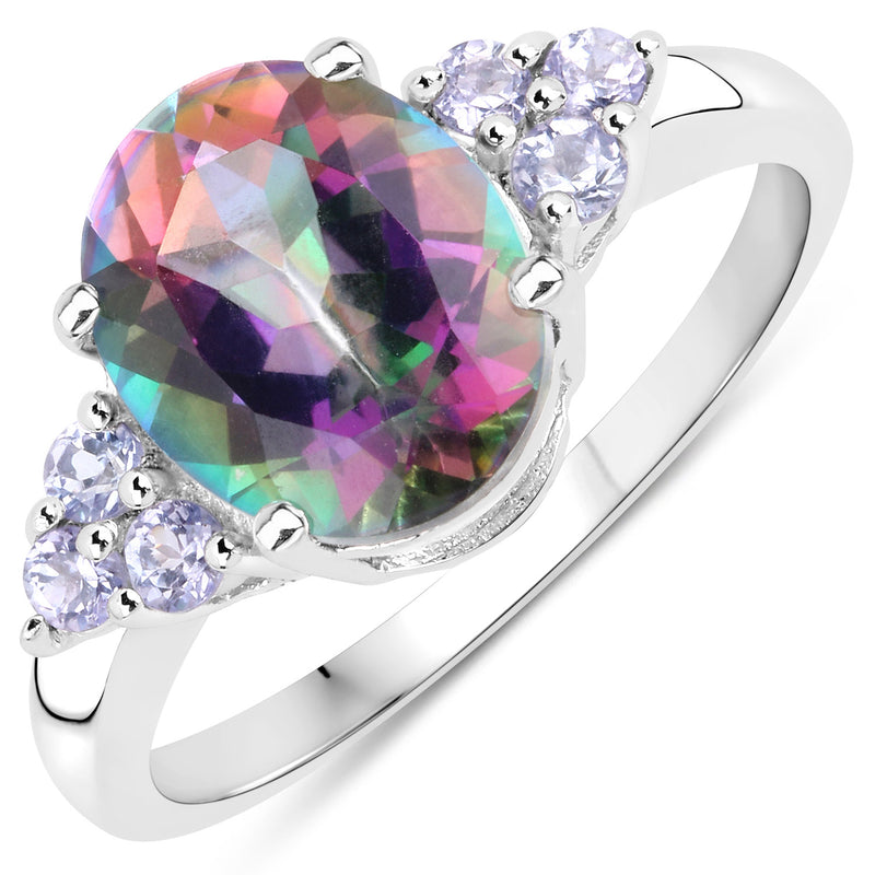 3.46 Carat Genuine Rainbow Quartz and Tanzanite .925 Sterling Silver Ring