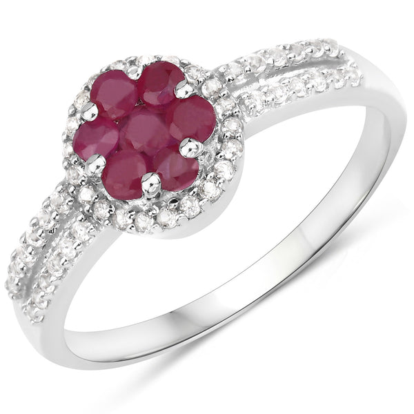 0.60 Carat Genuine Ruby and White Topaz .925 Sterling Silver Ring