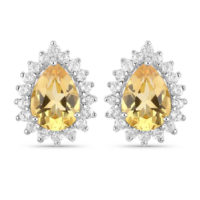 18K White Gold Plated 1.66 Carat Genuine Citrine and White Topaz .925 Sterling Silver Earrings