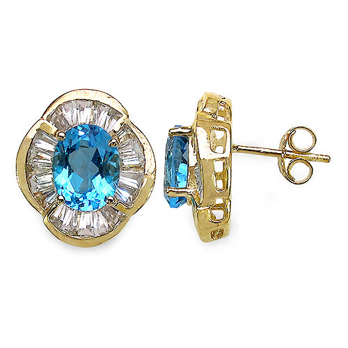 14K Yellow Gold Plated 7.40 Carat Genuine Swiss Blue Topaz & White Topaz .925 Sterling Silver Earrings