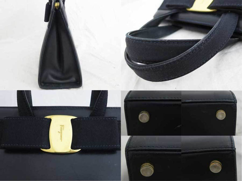 Salvatore Ferragamo Bag Vala Ribbon Navy Leather Handbag Ladies