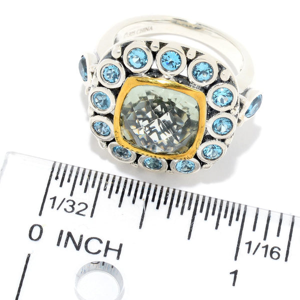 925 Sterling Silver Women Big Cluster Ring Swiss Blue Topaz Green Amethyst
