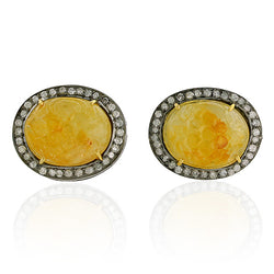 20.9ct Yellow Sapphire Diamond Carved Stud Earrings Gold Sterling Silver Jewelry
