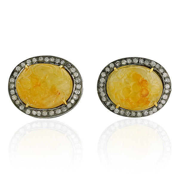 20.9ct Yellow Sapphire Diamond Carved Stud Earrings Gold Sterling Silver Jewelry