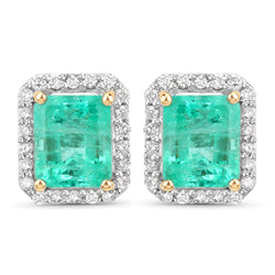 1.65 Carat Genuine Colombian Emerald and White Diamond 14K Yellow Gold Earrings