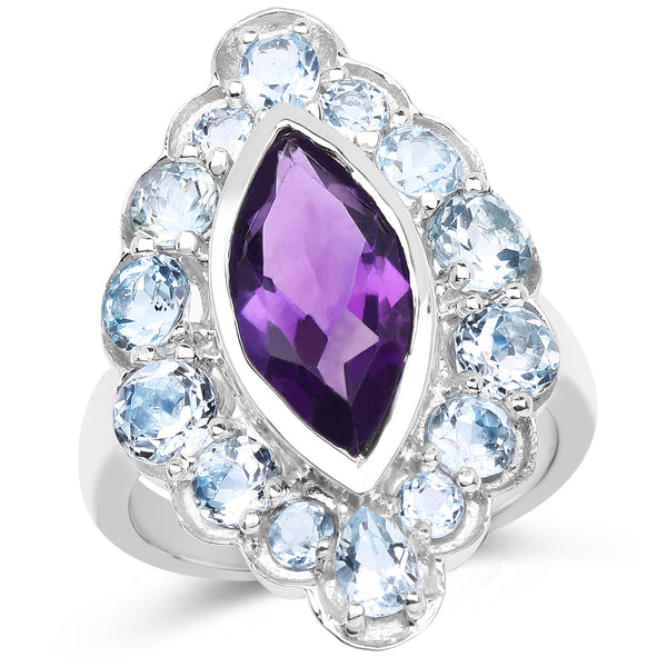 5.30 Carat Genuine Amethyst and Blue Topaz .925 Sterling Silver Ring