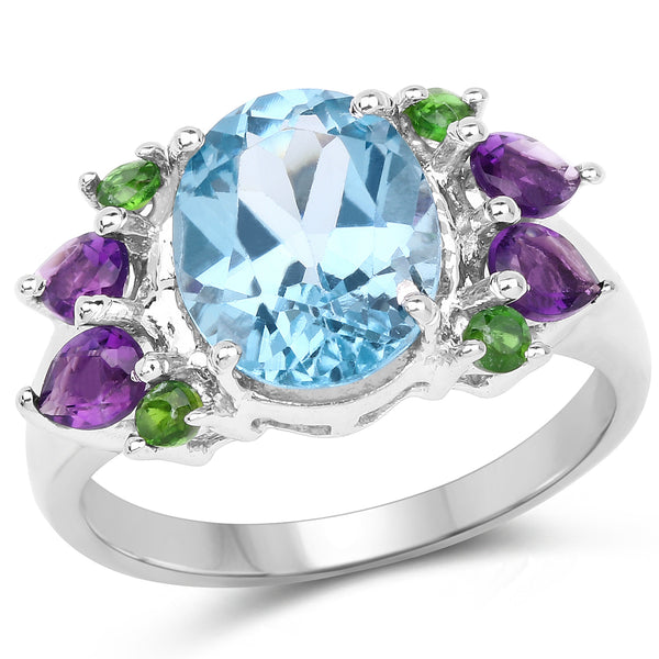 4.00 Carat Genuine Swiss Blue Topaz, Chrome Diopside & Amethyst .925 Sterling Silver Ring