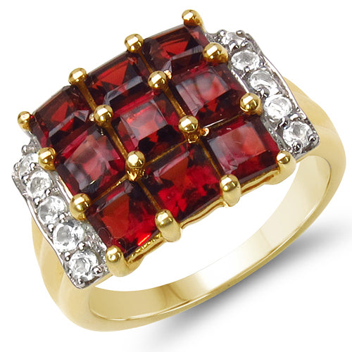 14K Yellow Gold Plated 4.04 Carat Genuine Garnet & White Topaz .925 Sterling Silver Ring