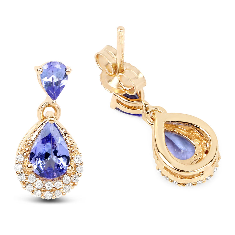 1.12 Carat Genuine Tanzanite and White Diamond 14K Yellow Gold Earrings