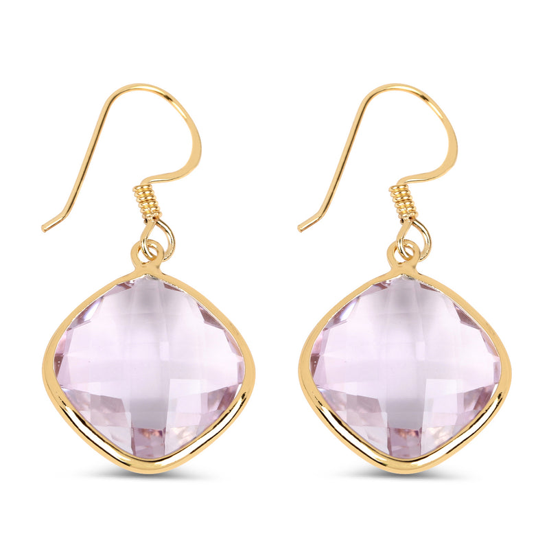 14K Yellow Gold Plated 26.50 Carat Genuine Pink Amethyst .925 Sterling Silver Earrings