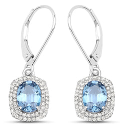 2.36 Carat Genuine Blue Sapphire and White Diamond 14K White Gold Earrings