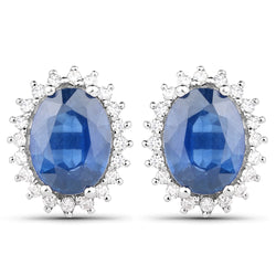 3.25 Carat Genuine Blue Sapphire and White Diamond 14K White Gold Earrings