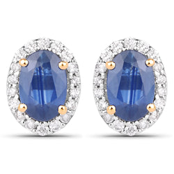 1.29 Carat Genuine Blue Sapphire and White Diamond 14K Yellow Gold Earrings