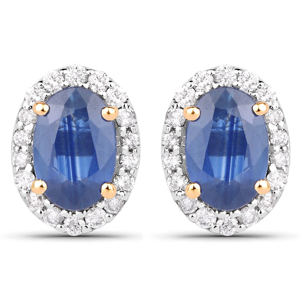 1.29 Carat Genuine Blue Sapphire and White Diamond 14K Yellow Gold Earrings