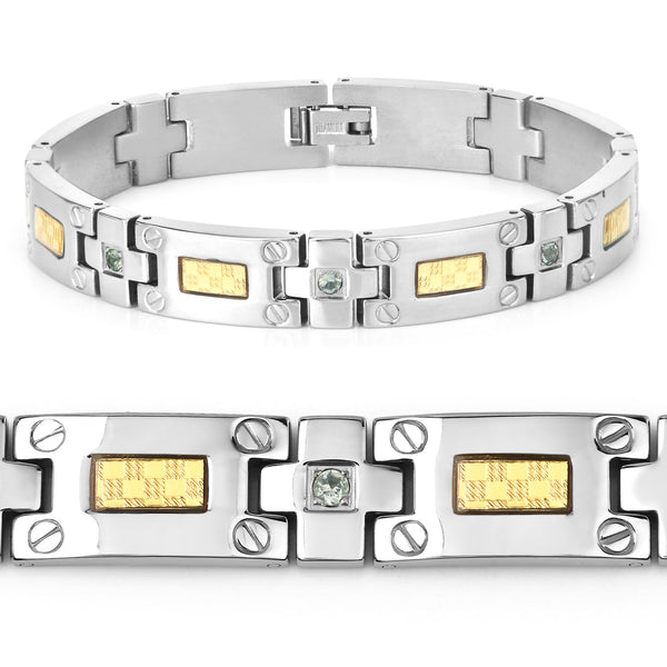 Titanium Men's Bracelet, Mens Titanium Bracelet with Gold Plated Steel Inlay, 0.56ctw. Natural Green Sapphire Rounds