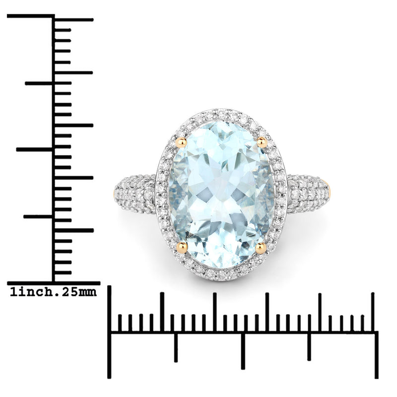 5.42 Carat Genuine Aquamarine and White Diamond 14K Yellow Gold Ring