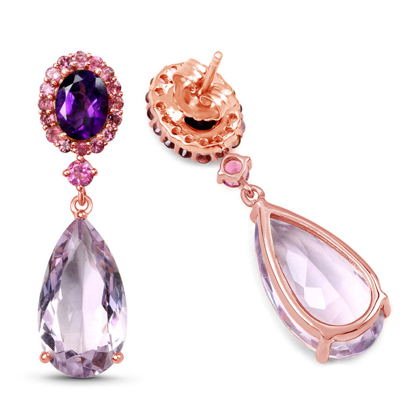 14K Rose Gold Plated 17.80 Carat Genuine Pink Amethyst, Pink Tourmaline & Amethyst .925 Sterling Silver Earrings