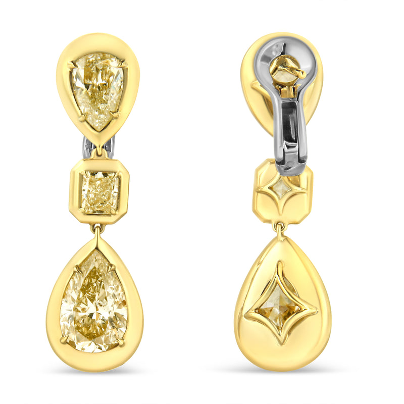 18K Yellow Gold Earrings 7 4/5 Cttw Bezel Set Natural Yellow Pear and Emerald Cut Diamond Drop and Dangle Leverback Earring (Yellow Color SI1-SI2 Clarity)