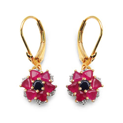 14K Yellow Gold Plated 2.12 Carat Genuine Black Sapphire, Glass Filled Ruby & White Topaz .925 Sterling Silver Earrings