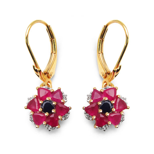 14K Yellow Gold Plated 2.12 Carat Genuine Black Sapphire, Glass Filled Ruby & White Topaz .925 Sterling Silver Earrings