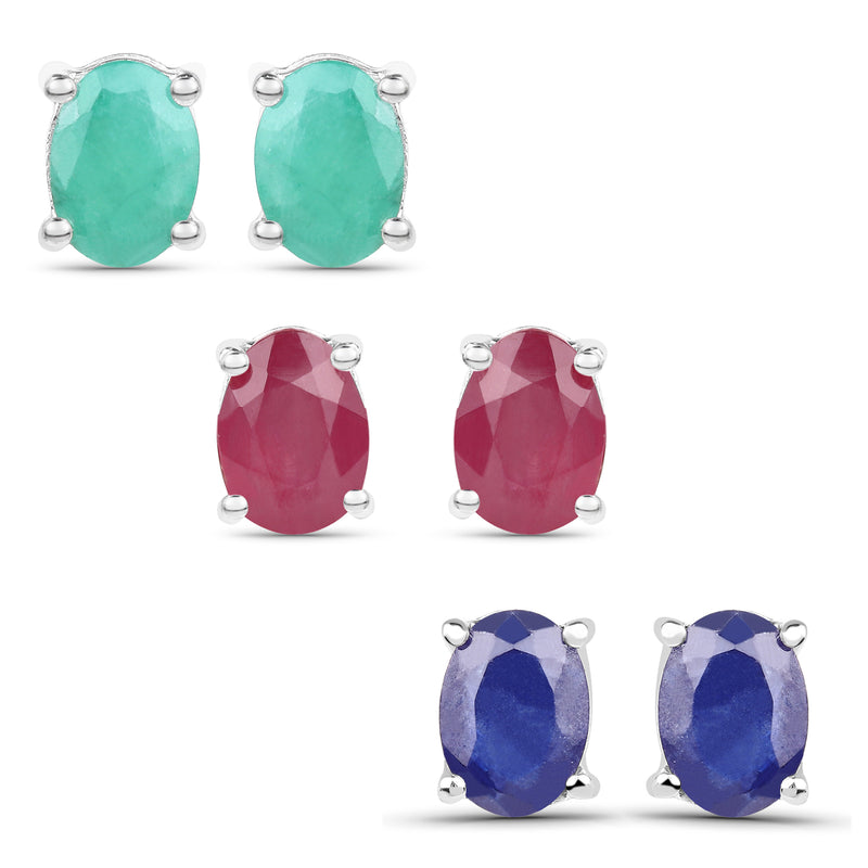 5.30 Carat Emerald, Glass Filled Ruby and Glass Filled Sapphire .925 Sterling Silver Earrings