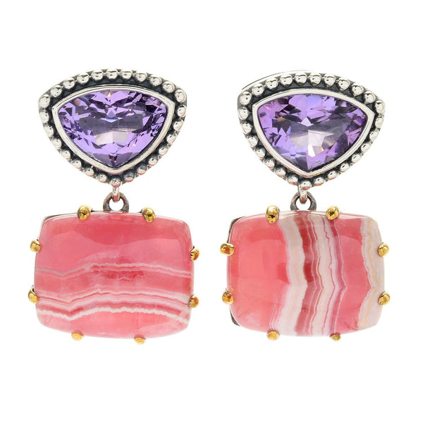 925 Sterling Silver Women Drop Dangle Earring Rhodochrosite Pink Amethyst