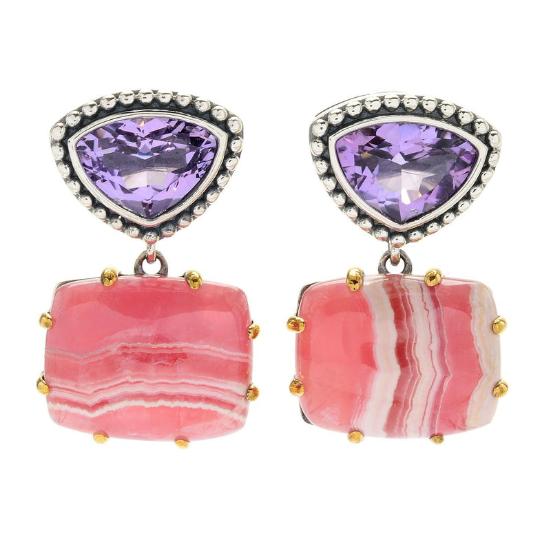 925 Sterling Silver Women Drop Dangle Earring Rhodochrosite Pink Amethyst
