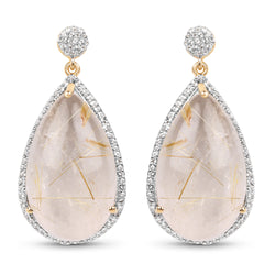 14K Yellow Gold Plated 35.15 Carat Genuine Golden Rutile and White Topaz .925 Sterling Silver Earrings