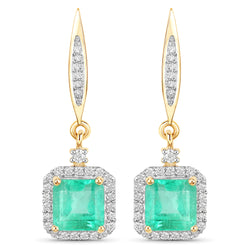 2.30 Carat Genuine Colombian Emerald and White Diamond 14K Yellow Gold Earrings