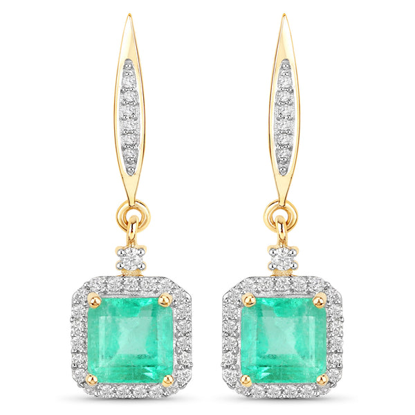 2.30 Carat Genuine Colombian Emerald and White Diamond 14K Yellow Gold Earrings