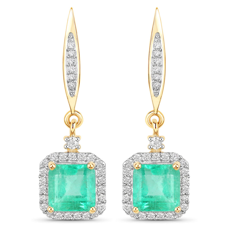 2.30 Carat Genuine Colombian Emerald and White Diamond 14K Yellow Gold Earrings