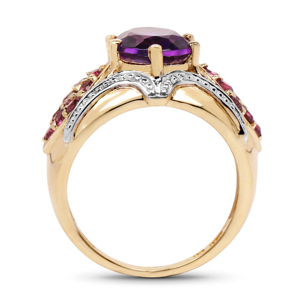 14K Yellow Gold Plated 3.01 Carat Genuine Amethyst & Rhodolite .925 Sterling Silver Ring