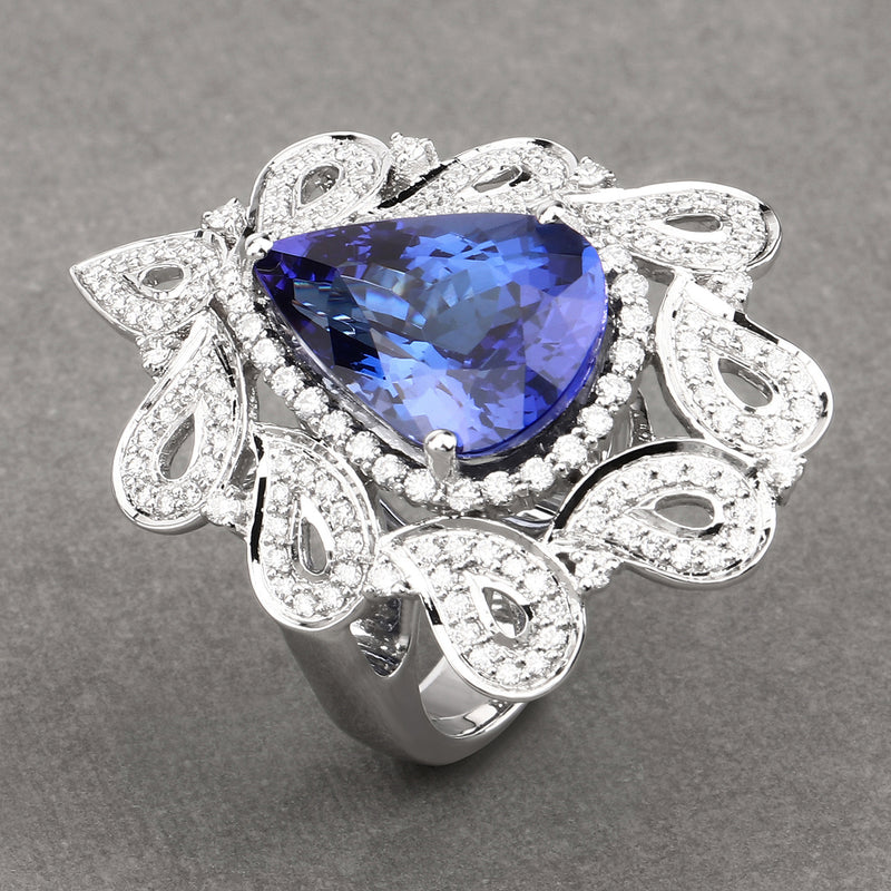 11.68 Carat Genuine Tanzanite and White Diamond 18K White Gold Ring