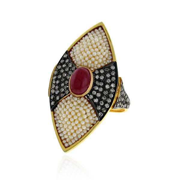 Cocktail Ring 4.6ct Ruby Pearl Pave Diamond 18k Gold 925 Sterling Silver Jewelry