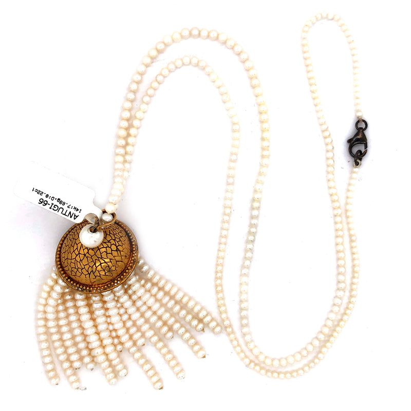 14k Solid Yellow Gold Diamond Pearl Bead Tassel Indian Ethnic Necklace Pendant