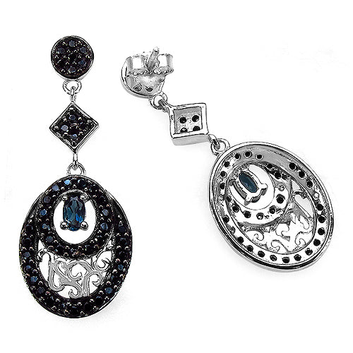 2.80 Carat Genuine London Blue Topaz & Black Spinel .925 Sterling Silver Earrings