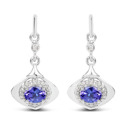 0.78 Carat Genuine Tanzanite and White Diamond 14K White Gold Earrings