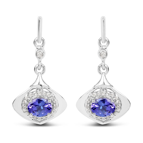 0.78 Carat Genuine Tanzanite and White Diamond 14K White Gold Earrings