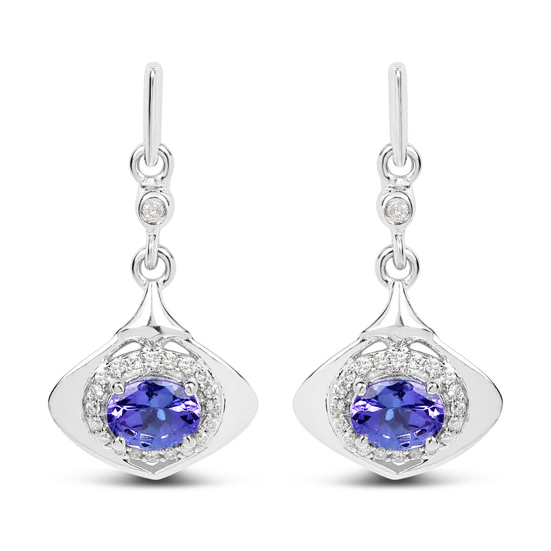 0.78 Carat Genuine Tanzanite and White Diamond 14K White Gold Earrings