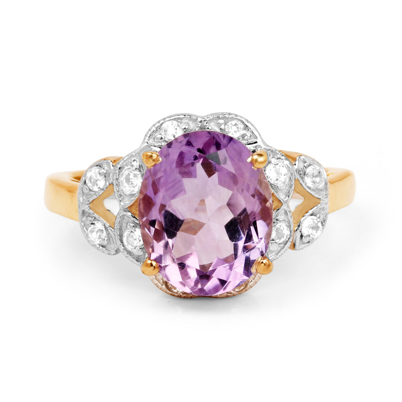 14K Yellow Gold Plated 3.46 Carat Genuine Amethyst & White Topaz .925 Sterling Silver Ring