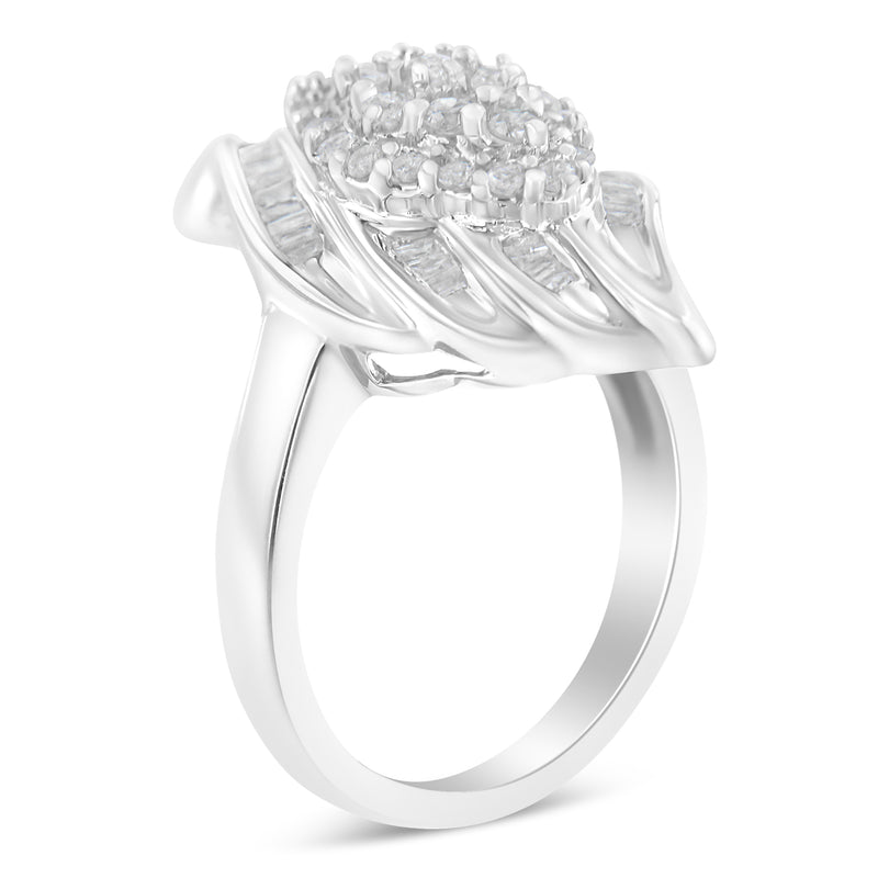 .925 Sterling Silver ¾ Cttw Round and Baguette Cut Diamond Stair-Stepped Cluster Waterfall Cocktail Ring (I-J Color, I2-I3 Clarity) - Size 6