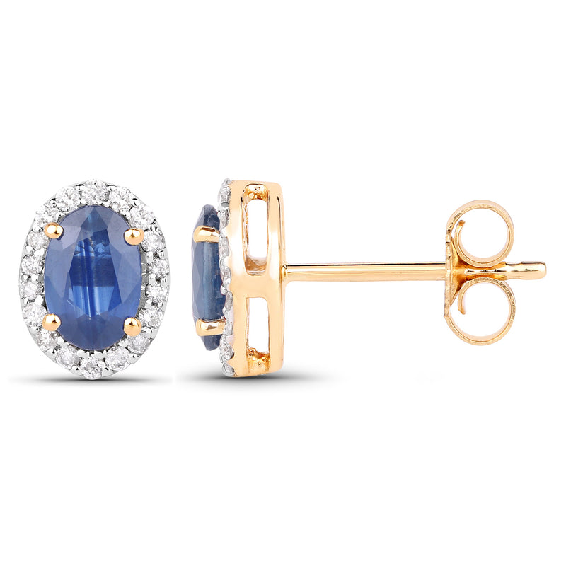 1.29 Carat Genuine Blue Sapphire and White Diamond 14K Yellow Gold Earrings