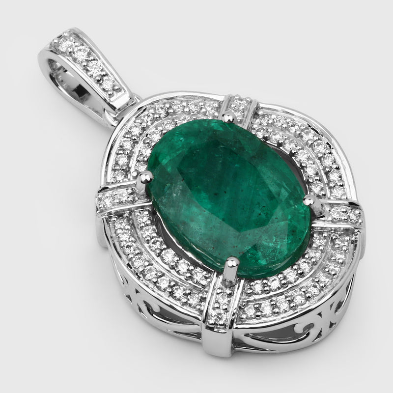 7.61 Carat Genuine Zambian Emerald and White Diamond 18K White Gold Pendant