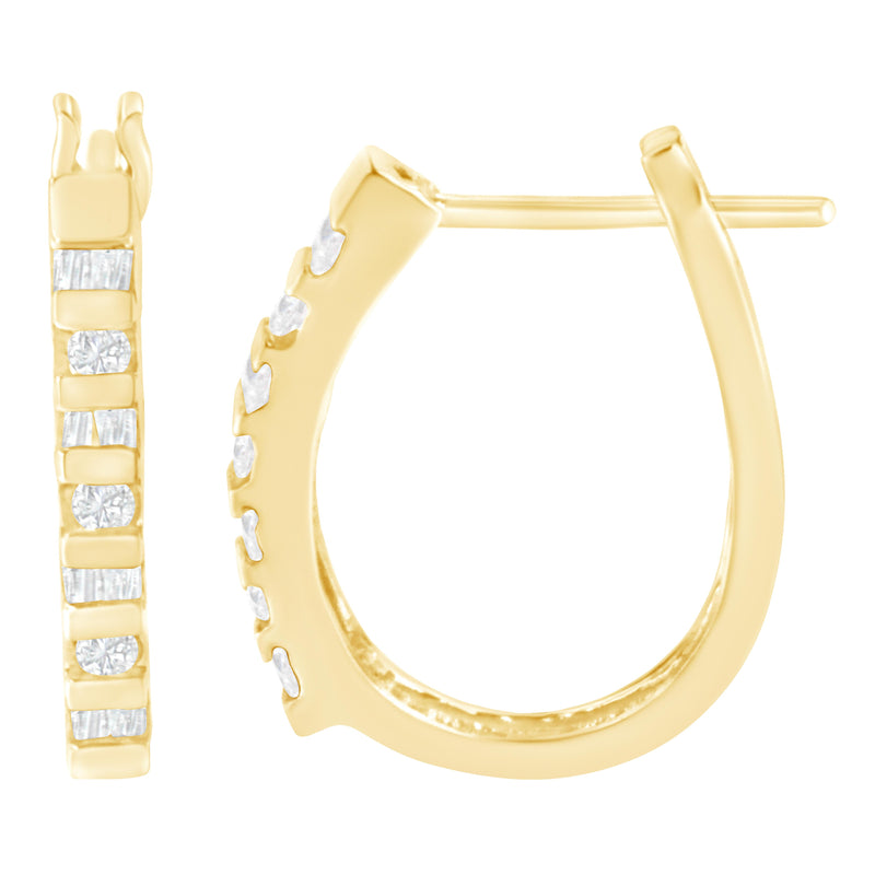 10K Yellow Gold Round and Baguette Cut Diamond Oblong Hinged Leverback Hoop Earrings (¼ Cttw, I-J Color, I2-I3 Clarity)