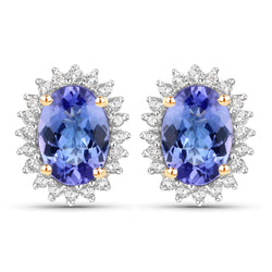 1.71 Carat Genuine Tanzanite and White Diamond 14K Yellow Gold Earrings