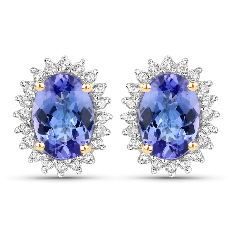 1.71 Carat Genuine Tanzanite and White Diamond 14K Yellow Gold Earrings