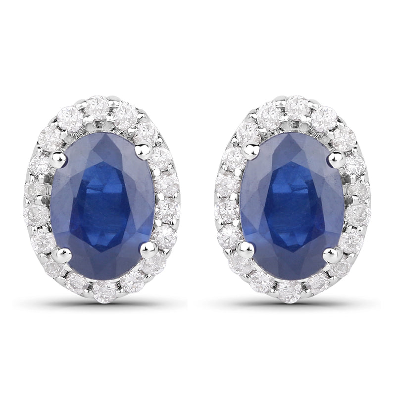 1.29 Carat Genuine Blue Sapphire and White Diamond 14K White Gold Earrings