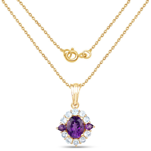 14K Yellow Gold Plated 3.70 Carat Genuine Amethyst and Blue Topaz .925 Sterling Silver Pendant