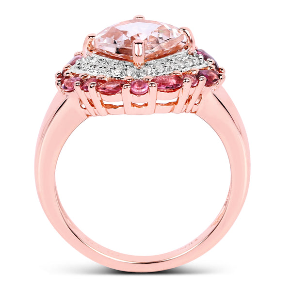 14K Rose Gold Plated 3.11 Carat Genuine Morganite, Pink Tourmaline & White Topaz .925 Sterling Silver Ring