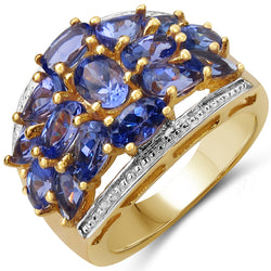 14K Yellow Gold Plated 3.62 Carat Genuine Tanzanite .925 Sterling Silver Ring